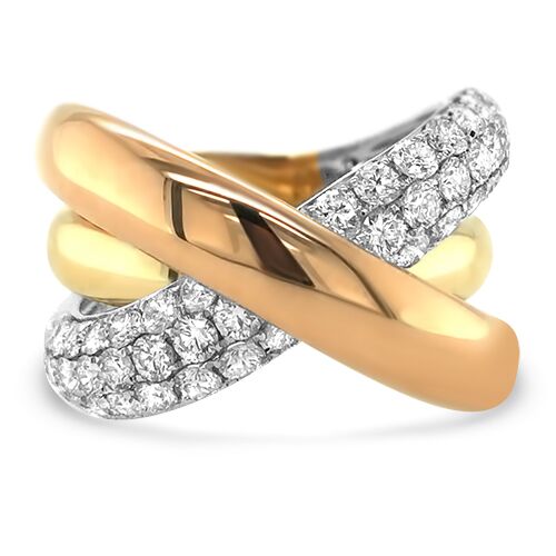 Wide Tri-Color Diamond Crossover Ring