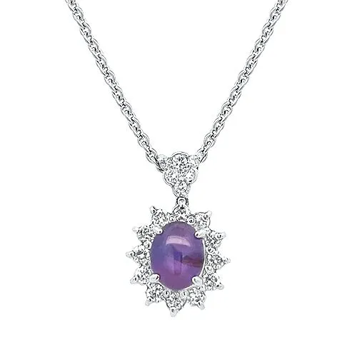 Platinum Purple Star Sapphire & Diamond Halo Pendant with Chain - Underwood Jewelers