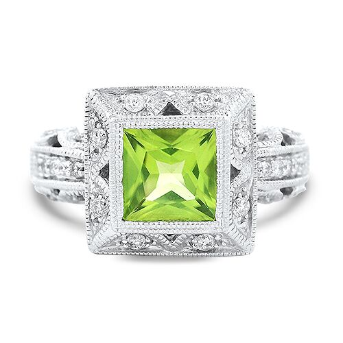 Square peridot and diamond ring in 14K white gold with milgrain halo – Underwood Jewelers