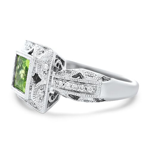 Square peridot and diamond ring in 14K white gold with milgrain halo – Underwood Jewelers