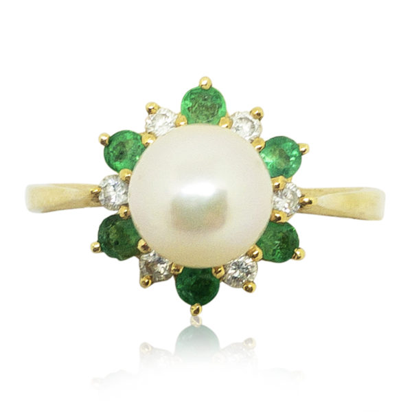 Pearl, Diamond & Emerald Ring
