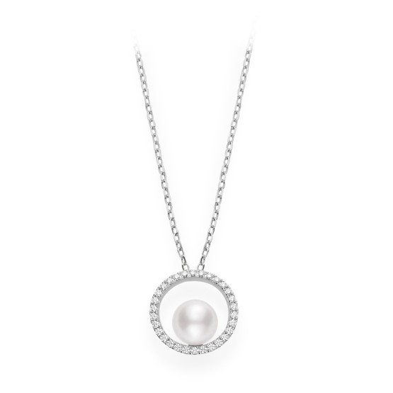 Circle Diamond & Pearl Pendant- WG
