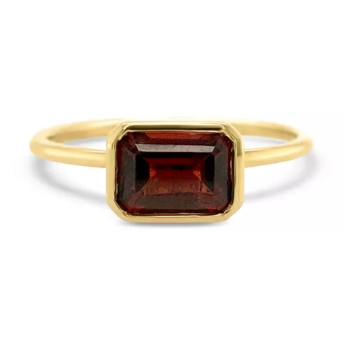 East-West Bezel-Set Emerald Cut Garnet Ring