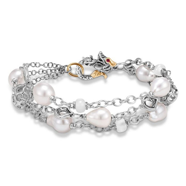Two Tone Three Row Naga Bracelet with Pearl and Moonstone