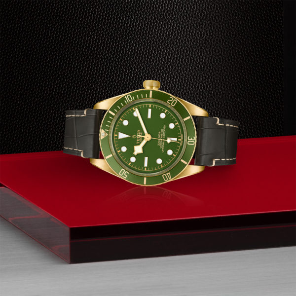 TUDOR Black Bay Fifty-Eight Watch 18K, with a 39mm Yellow Gold Case, Brn Alligator Brace (M79018V-0001) Laying Down on Red Tray