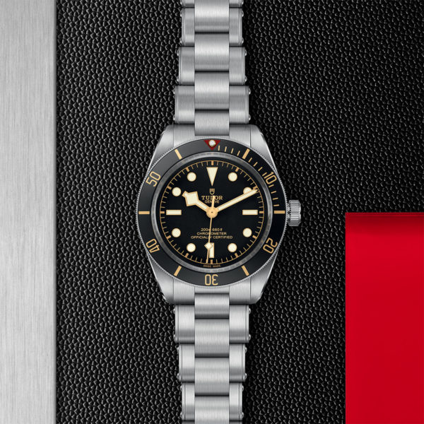TUDOR Black Bay Fifty-Eight Watch with a 39 MM Steel Case, Steel Bracelet (M79030N-0001) Flat lay on black and red background