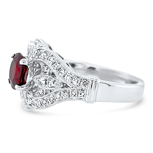 0.91ct Red Spinel & Diamond Swirl Halo Ring