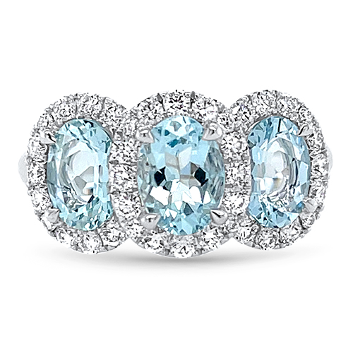 Three-Stone Aquamarine & Diamond Halo Ring