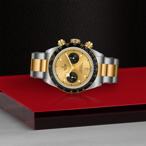 TUDOR Black Bay Bronze Chrono Watch S&G, 41 mm Steel Case, Steel and Yellow Gold Brace (M79363N-0007) Laying Down on Red Tray