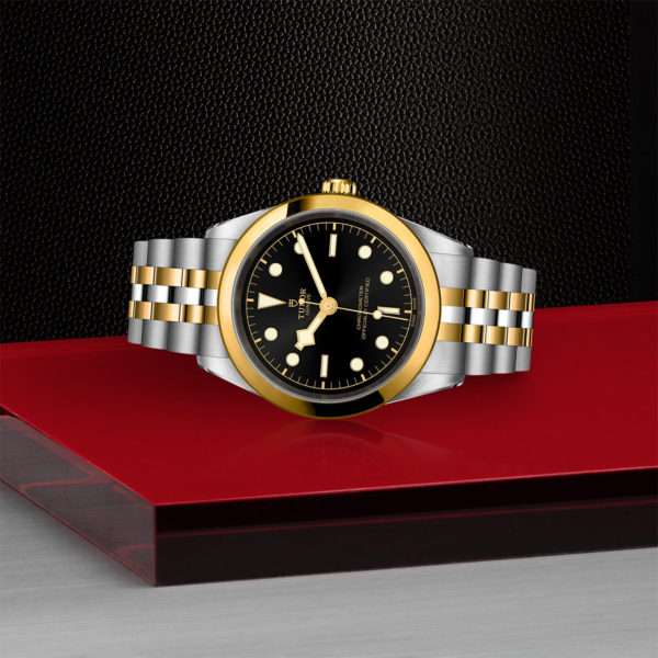 TUDOR Black Bay Pro Watch with a 41mm Steel Case, Steel and Yellow Gold Brace (M79683-0001) Laying Down on Red Tray