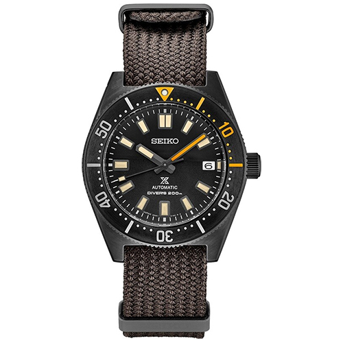 Seiko watch with brown fabric strap and black yellow and orange face