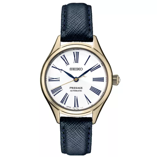 Seiko watch with black leather strap gold case and white watch face