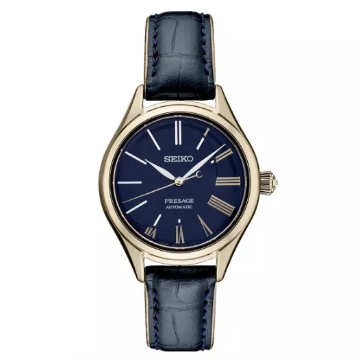 Seiko watch with blue crocodile strap with gold case and blue watch face