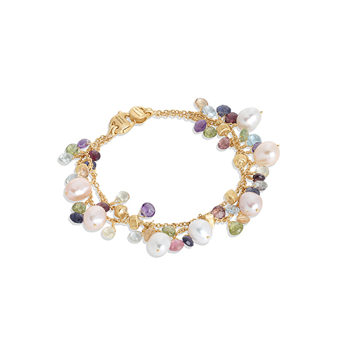 gold double strand bracelet with pearl and gemstones