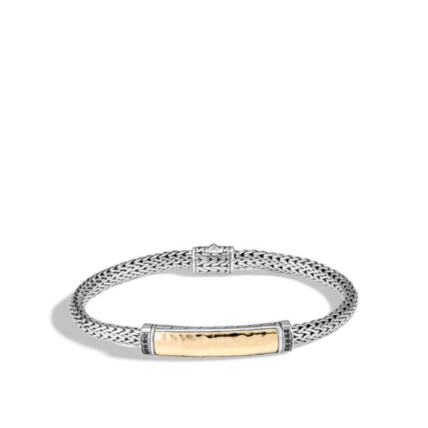 Classic Chain Collection Two Tone Hammered Station Bracelet with Black Sapphire and Black Spinel.