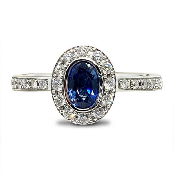 Bezel Set Sapphire & Diamond Halo Ring