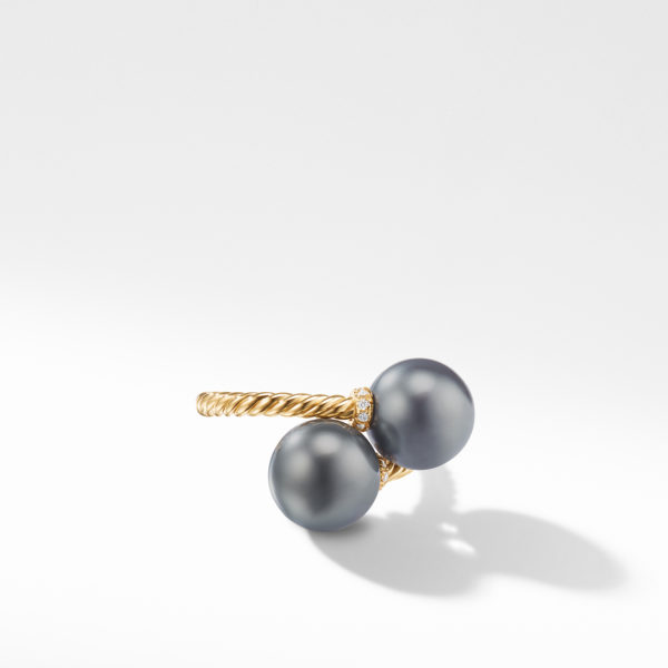 Solari Bypass Ring with Diamonds and Tahitian Grey Pearls in 18K Gold