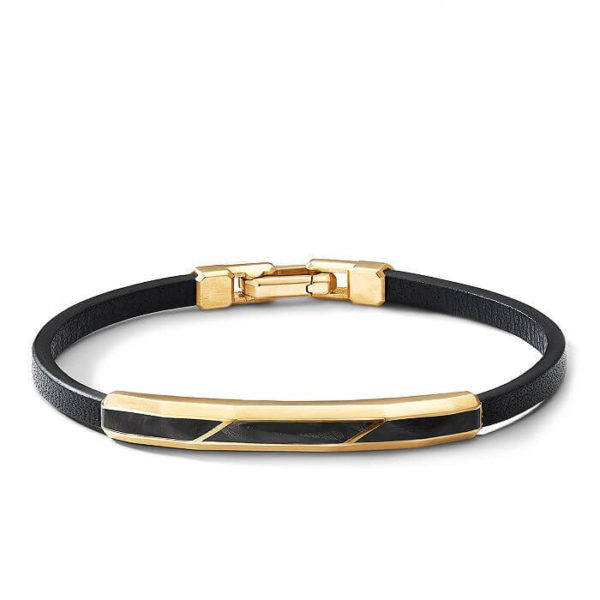 Faceted ID Black Leather Bracelet with Forged Carbon and 18K Yellow Gold