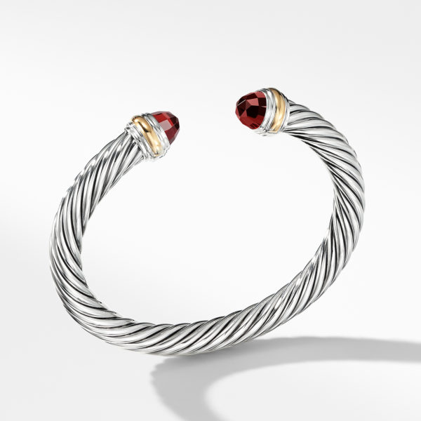 Classic Cable Bracelet in Sterling Silver with 14K Yellow Gold and Garnets, 7mm