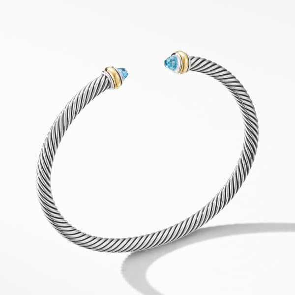 Classic Cable Bracelet in Sterling Silver with 18K Yellow Gold and Blue Topaz, 4mm