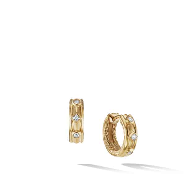 Modern Renaissance Huggie Hoop Earrings In 18K Yellow Gold With Diamonds, 12.3mm