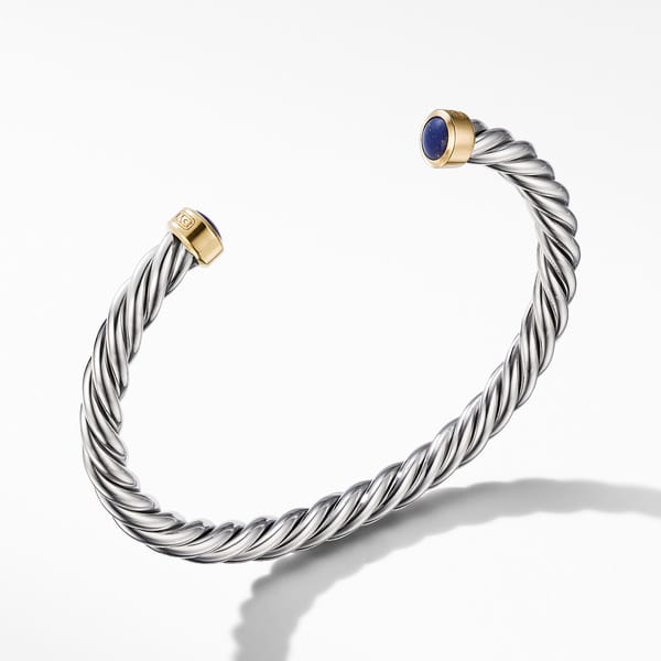 Cable Cuff Bracelet in Sterling Silver with 18K Yellow Gold and Lapis 6mm Underwoods Jewelers