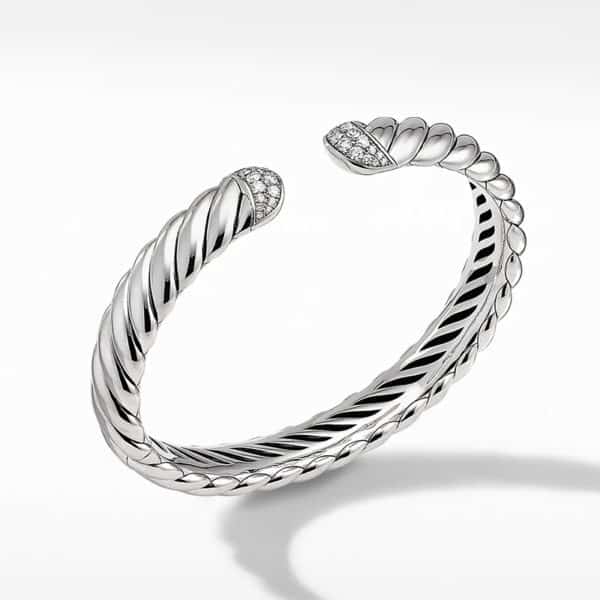 Sculpted Cable Cuff Bracelet in Sterling Silver with Diamonds, 10mm