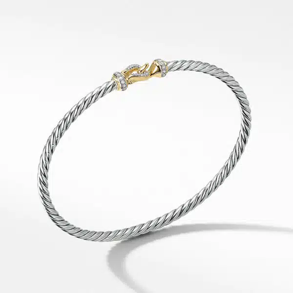Buckle Classic Cable Bracelet in Sterling Silver with 18K Yellow Gold and Diamonds, 3mm