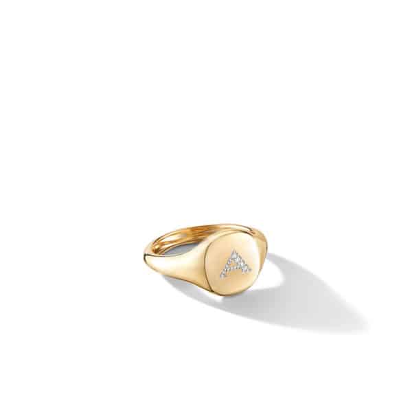 DY A Initial Pinky Ring in 18K Yellow Gold with Pavé Diamonds