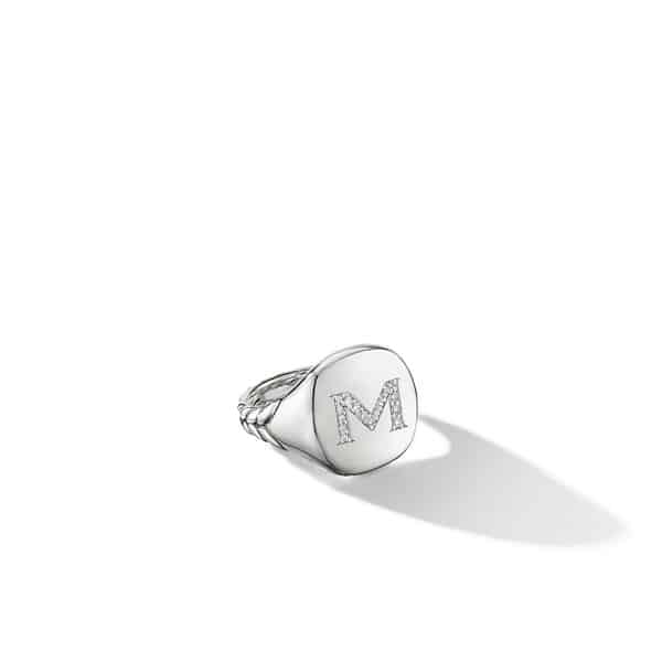 DY Initial Pinky Ring In Sterling Silver With Diamond M, 13.7mm