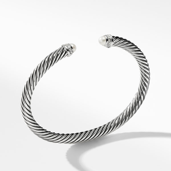 Classic Cable Bracelet in Sterling Silver with Pearls and Diamonds, 5mm
