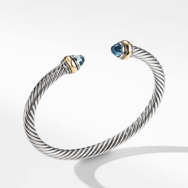 Classic Cable Bracelet in Sterling Silver with 14K Yellow Gold and Blue Topaz, 5mm