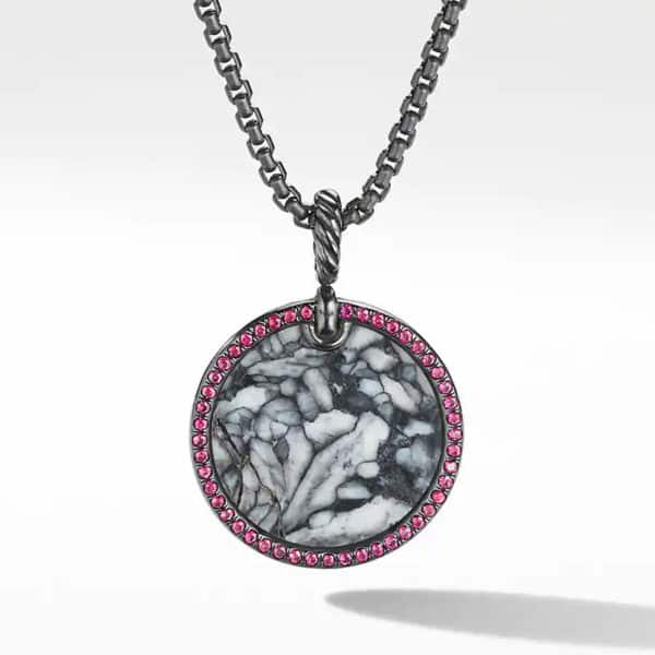 Limited DY Elements Disc Pendant in Blackened Silver with Pinolith and Pavé Rubies, 24mm
