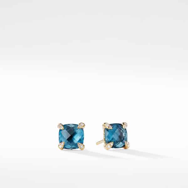 Chatelaine Stud Earrings in 18K Yellow Gold with Hampton Blue Topaz and Diamonds, 8mm