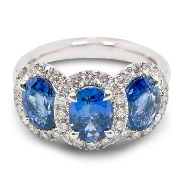 3-stone Sapphire and Diamond Halo Ring