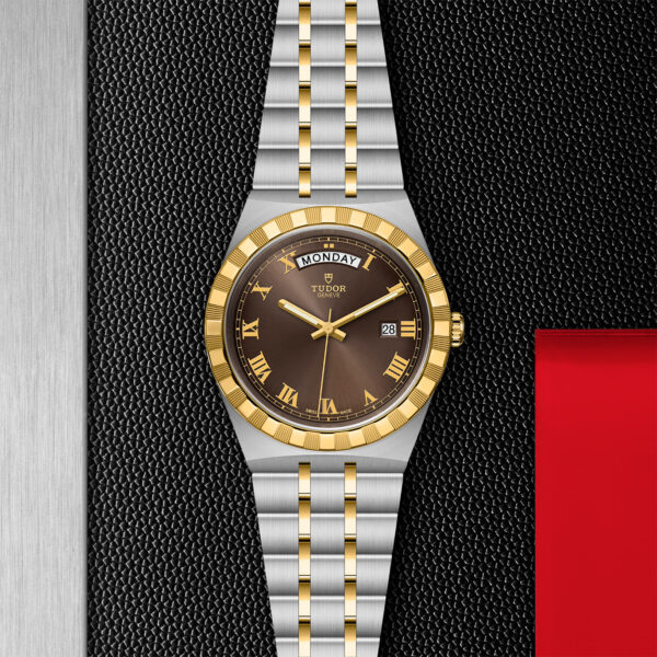 TUDOR Royal Watch with a 41mm Steel Case, Yellow Gold Bezel (M28603-0007) Flat lay on black and red background