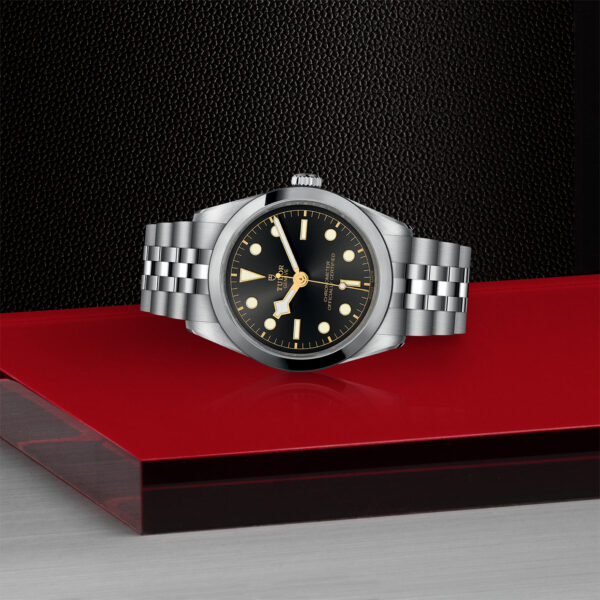 TUDOR Black Bay Watch with a 36mm Steel Case, Steel Bracelet (M79640-0001) Laying Down on Red Tray