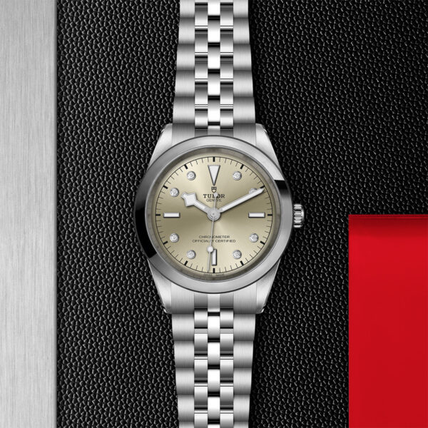 TUDOR Black Bay Watch with a 41mm Steel Case, Steel Bracelet (M79680-0006) Flat lay on black and red background