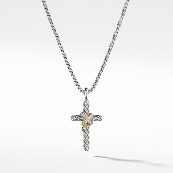 X Cross Necklace in Sterling Silver with 14K Yellow Gold and Diamonds, 31.7mm