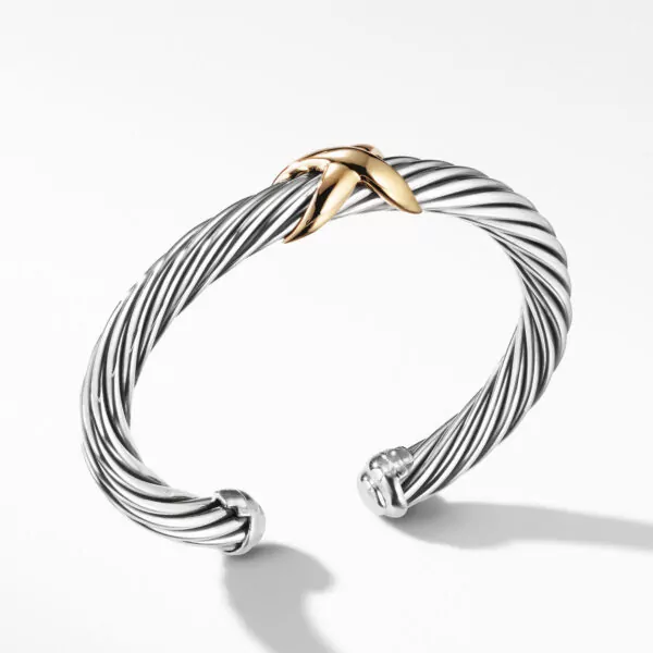 X Classic Cable Station Bracelet in Sterling Silver with 14K Yellow Gold, 7mm