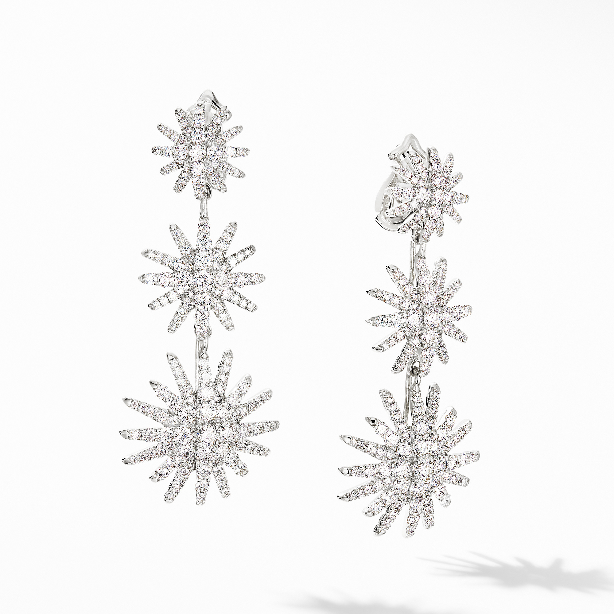 Starburst Triple Drop Earrings in 18K White Gold with Diamonds 51mm Underwoods Jewelers