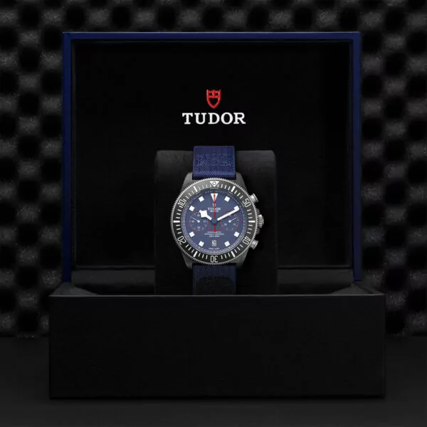 TUDOR Pelagos FXD Chrono 43mm black carbon composite case with matte finish and Alinghi Red Bull Racing logo engraved on the case back - M25807KN-0001 at Underwood Jewelers