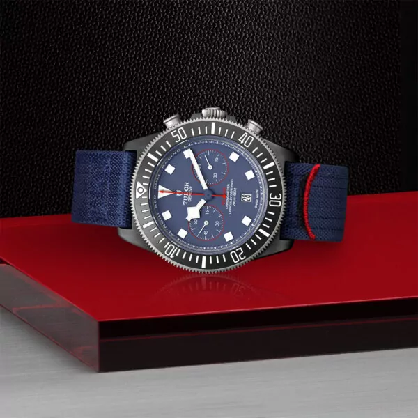 TUDOR Pelagos FXD Chrono 43mm black carbon composite case with matte finish and Alinghi Red Bull Racing logo engraved on the case back - M25807KN-0001 at Underwood Jewelers
