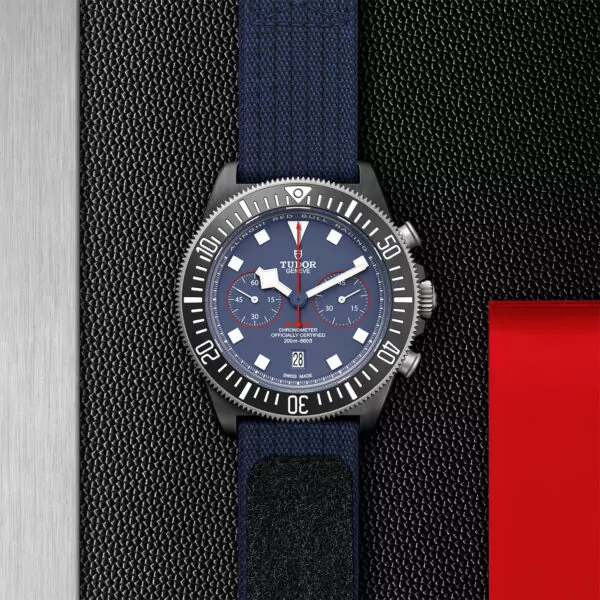 TUDOR Pelagos FXD Chrono 43mm black carbon composite case with matte finish and Alinghi Red Bull Racing logo engraved on the case back - M25807KN-0001 at Underwood Jewelers