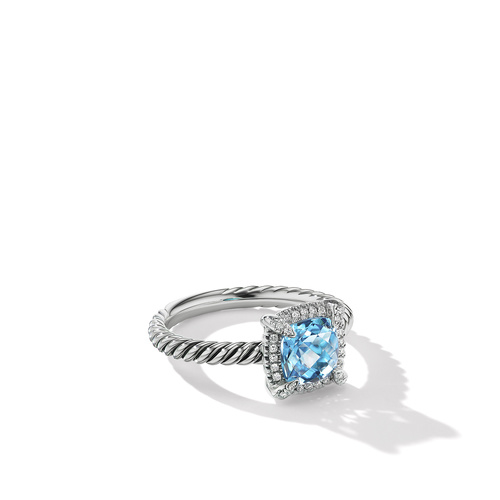 Petite Chatelaine Pavè Bezel Ring In Sterling Silver With Blue Topaz And Diamonds, 7mm