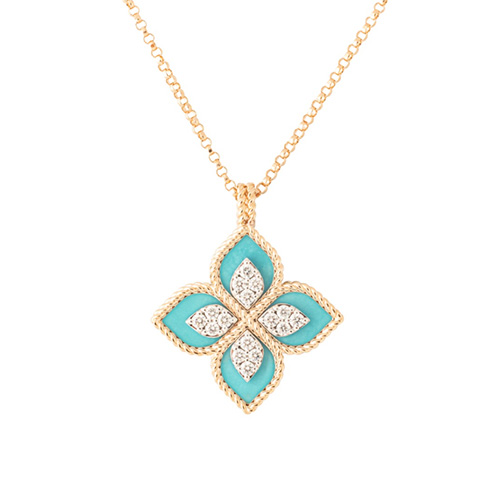 18kt Yellow & White Gold Venetian Princess Diamond & Turquoise Flower Necklace