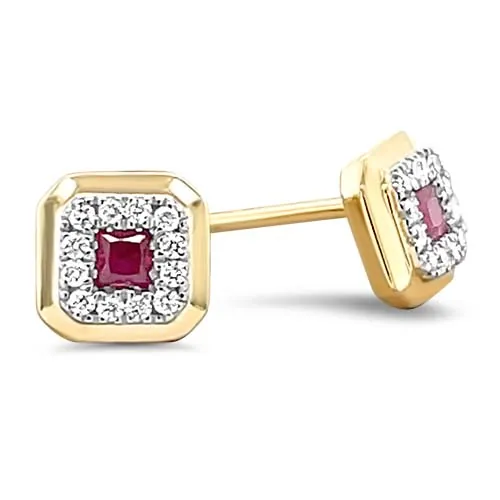 Square Ruby & Diamond Halo Studs