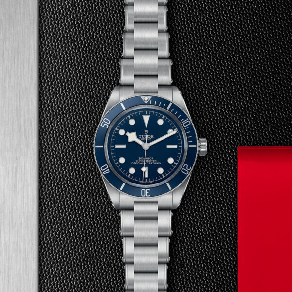 TUDOR Black Bay Fifty-Eight Watch with a 39mm Steel Case, Steel Bracelet (M79030B-0001) Flat lay on black and red background
