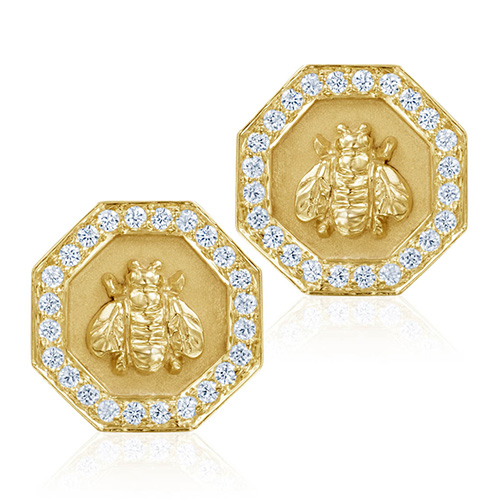 Hexagon Bee Stud Earrings with Diamonds