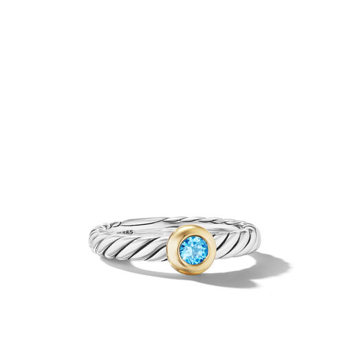 Petite Cable Ring In Sterling Silver With 14K Yellow Gold And Blue Topaz, 2.8mm